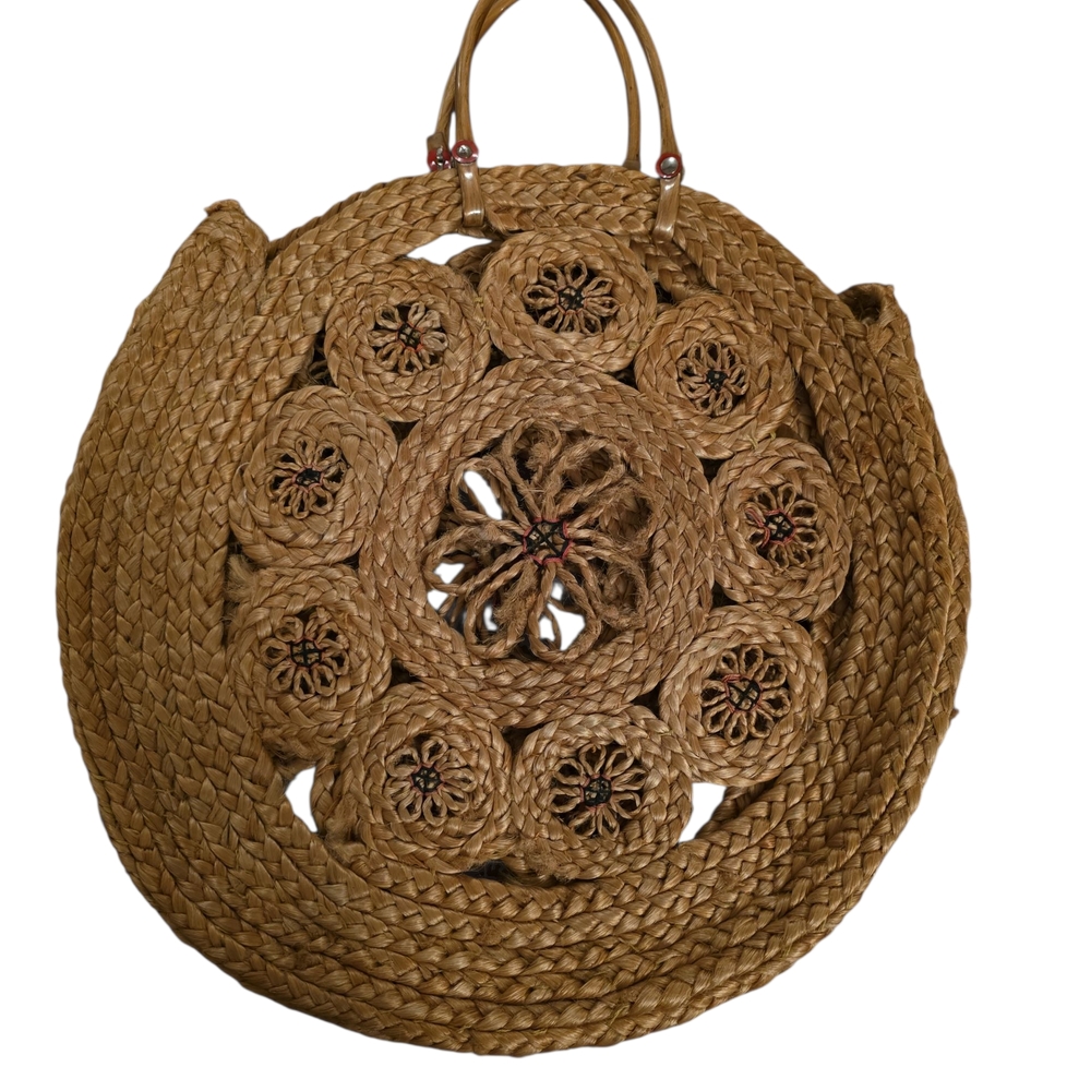 Round Woven Rattan Tote Bag - Picture 2 of 8